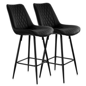 Elama 2 Piece Diamond Stitched Faux Leather Bar Chair in Black with Metal Legs