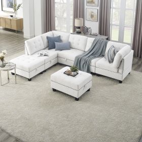 L shape Modular Sectional Sofa; DIY Combination; includes Three Single Chair ; Two Corner and Two Ottoman (Color: Ivory)