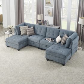 U shape Modular Sectional Sofa;  DIY Combination;  includes Two Single Chair ;  Two Corner and Two Ottoman (Color: Navy)