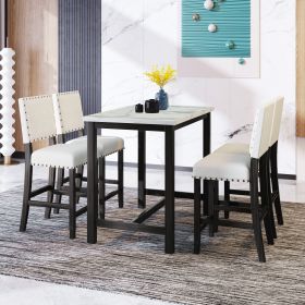 5 Piece Rustic Wooden Counter Height Dining Table Set with 4 Upholstered Chairs for Small Places;  Espresso+ Beige (Color: Black)