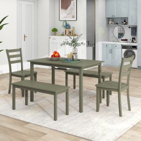 5-piece Wooden Dining Set;  Kitchen Table with 2 Dining Chairs and 2 Benches;  Farmhouse Rustic Style (Color: GREEN)